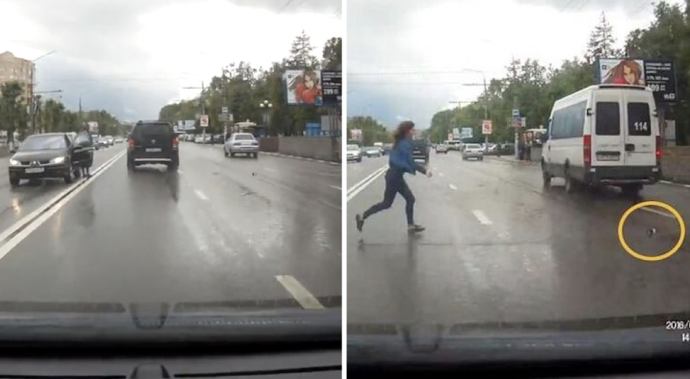 Una mujer detiene su auto para salvar a un gatito aterrorizado en una transitada carretera